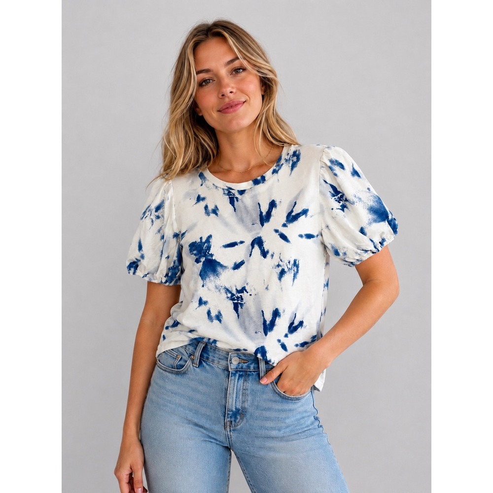 Candace Cameron Bure‎ Cobalt Blue White Tie Dye French Terry Puff Sleeve Top S